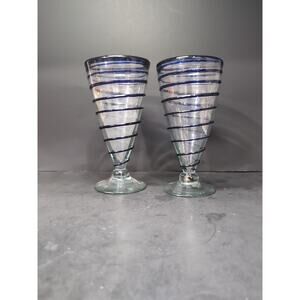 Artisan Mexican Glass Set, Cobalt Blue Swirl Design, Stemmed Glasses, Home Décor